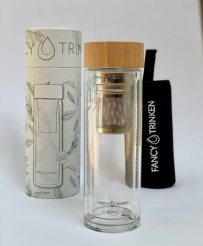 Teeflasche doppelwandig aus Glas mit Bambusdeckel - Fancy Trinken